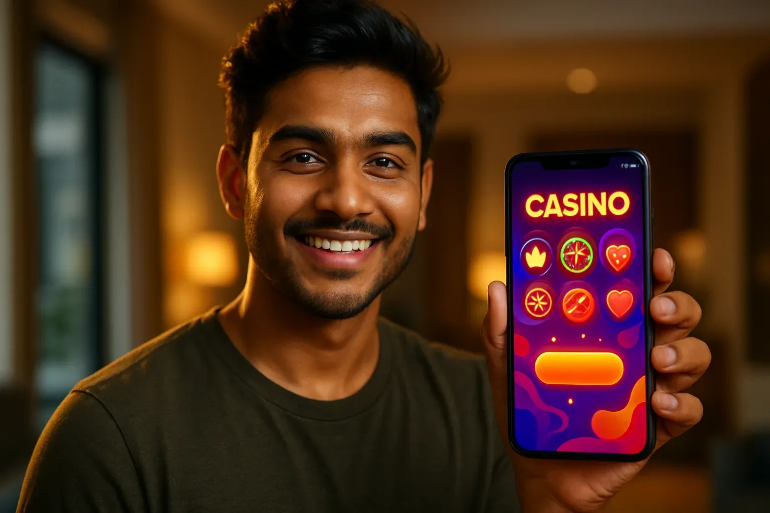 Young Bangladeshi man holding smartphone showing colorful casino app interface