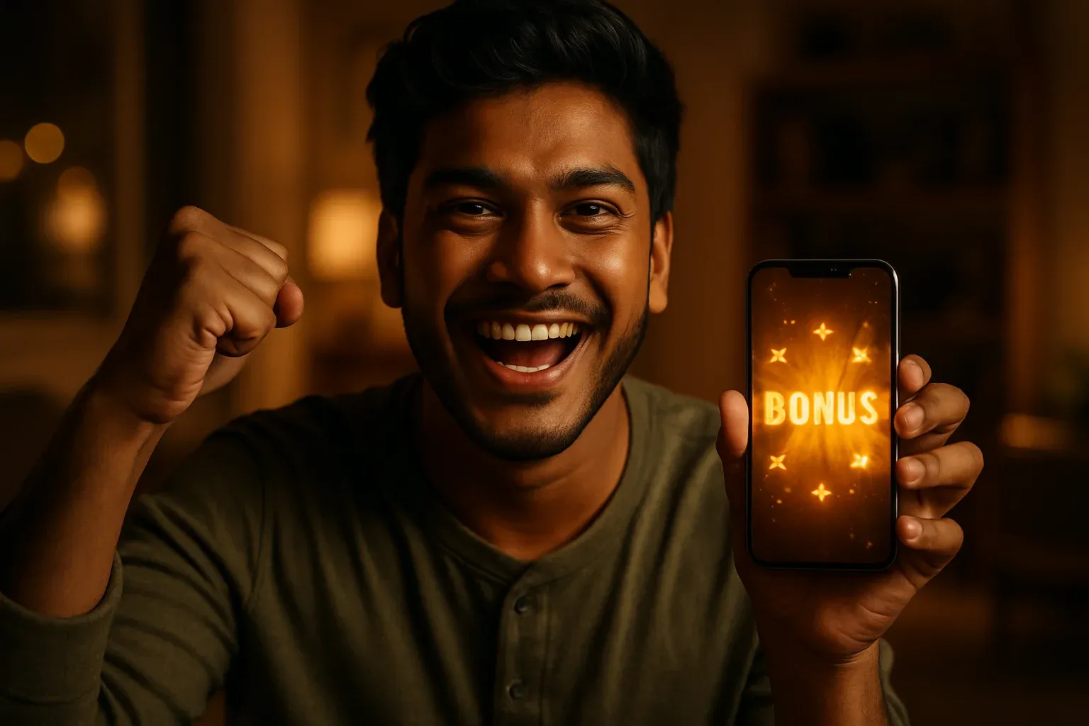 Joyful Bangladeshi man holding smartphone with glowing bonus notification screen