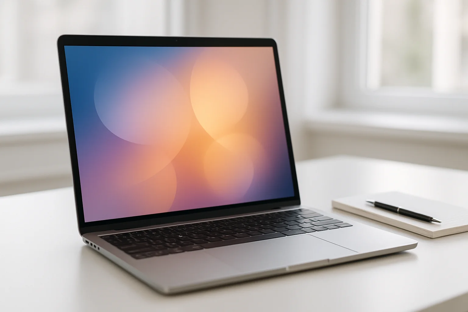 Modern laptop on white desk with abstract glowing screen