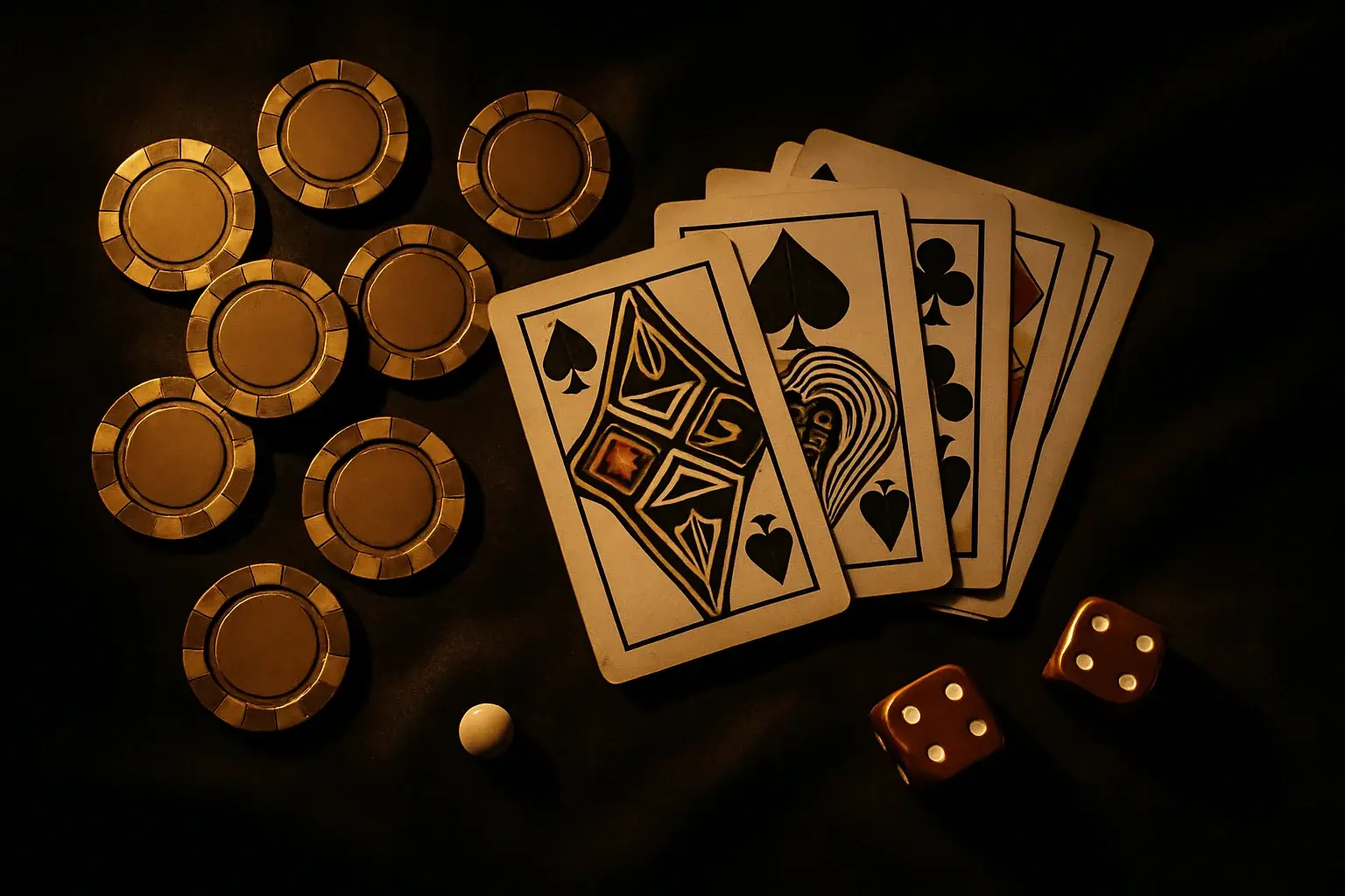 Top-down casino scene with chips, cards, dice, and roulette ball