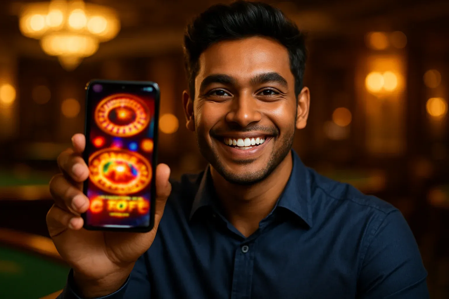Cheerful Bangladeshi man showing smartphone with colorful casino app screen