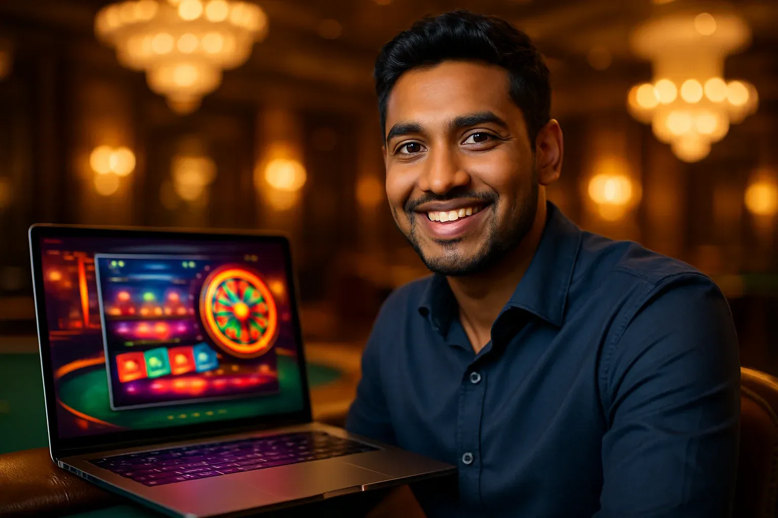 Cheerful Bangladeshi man with open laptop at premium casino lounge