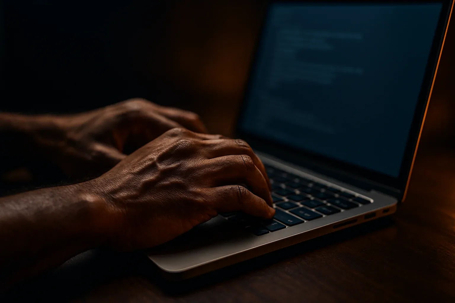Close-up of Bangladeshi man's hands typing on modern laptop keyboard