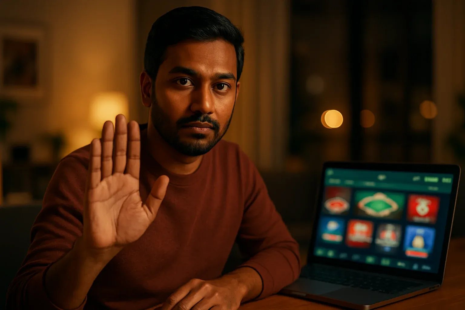 Bangladeshi man making stop gesture near laptop for responsible gambling awareness