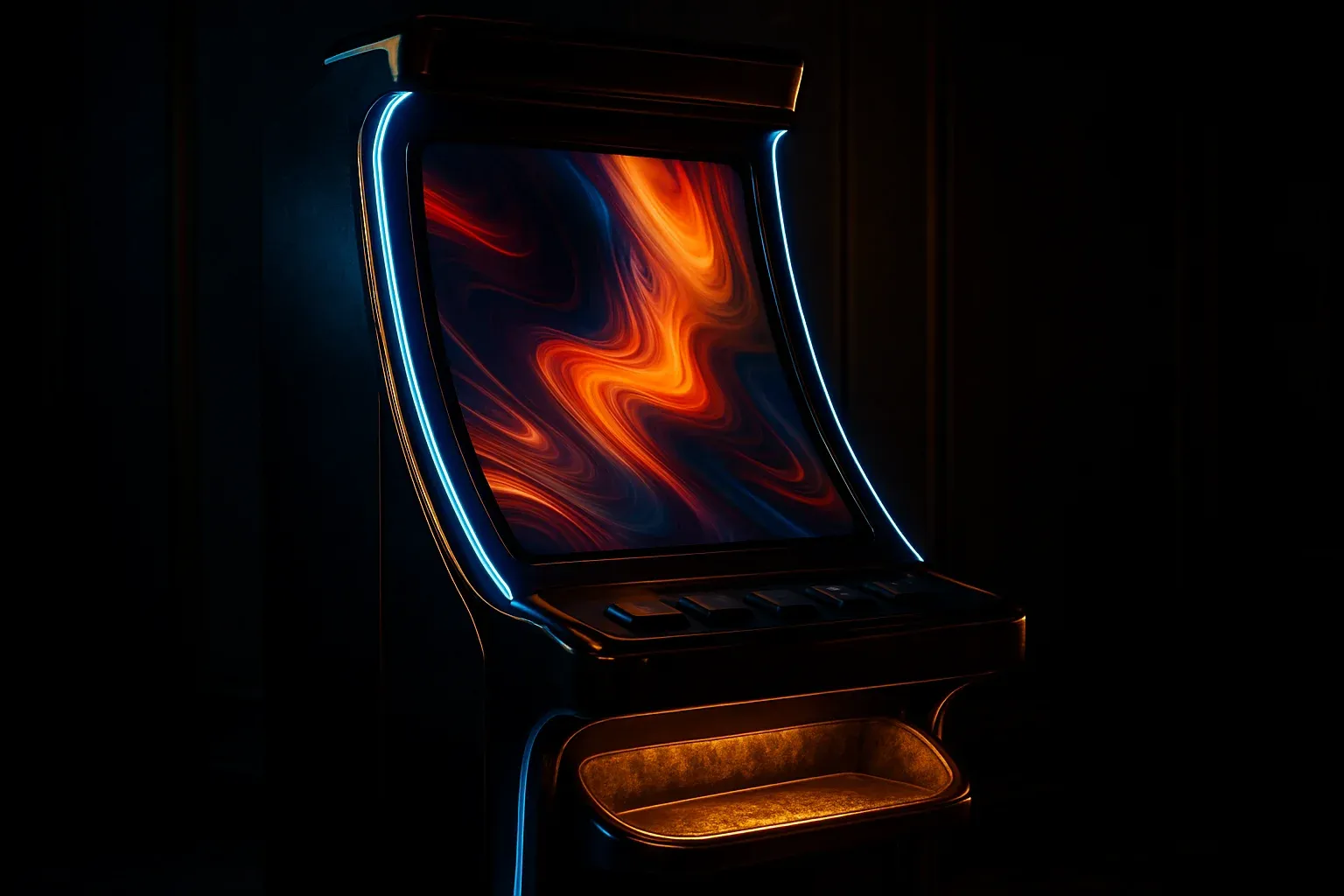 Hyperrealistic premium slot machine in dark luxury setting with neon lighting